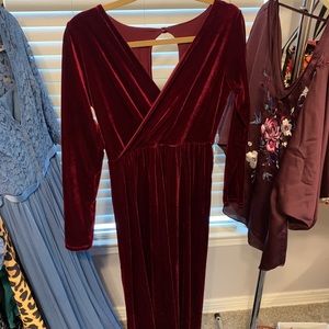 Velvet, deep red bridesmaid or formal gown